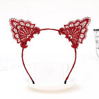 Nessiworld Dantelli Kırmızı Kedi Tacı - Vintage Tarz Dantel Kedi Kulak