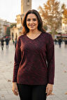 Barem Kadın Lina Büyük Beden Kışlık V Yaka Yumoş Bordo Bluz D06