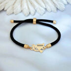 Sanatsal ve Zarif Siyah Örgülü 14 Ayar Altın Plakalı ve Kuş Figürlü Piyano Bilekliği