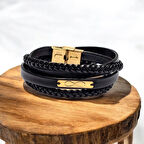 Ebedi Aşkın Temsili, Dikdörtgen Figürlü Siyah Deri Örgülü ve 14 Ayar Altın Plakalı Sonsuzluk Aşk Bilekliği