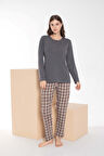 Çift Sevgili Eş Olabilen Gri Kahverengi Ekose Desen Modal Uzun Kol Pijama Takımı-TEK ÜRÜN  FİYATIDIR