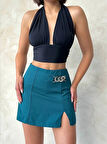 Zincirli şort etek petrol yeşili s24676