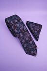 Slim Çiçekli Mor Kravat & Mendil