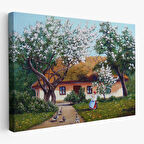 İlkbahar Köy Evi Yağlıboya Görünüm Dekoratif Kanvas Duvar Tablosu-3514
