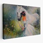 Bayaz At Ve Sahibi Kız Yağlıboya Görünüm Dekoratif Kanvas Duvar Tablosu-3539