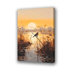göl gün batımı sazlık kuş baskılı kanvas duvar tablosu