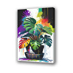 renkli yapraklı vazodaki çiçek baskılı kanvas duvar tablosu