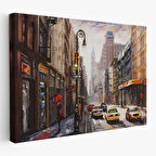 New York Sokakları Ve Sarı Taksi Yağlıboya Görünüm Tablo-3550