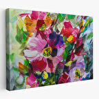 Renkli Çiçek Desenli Yağlıboya Görünüm Dekoratif Kanvas Duvar Tablosu-3568