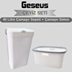 Geseus Motek Tekli 40 Lt Kirli Çamaşır Sepeti+Çamaşır Selesi Ikili Set, Çeyiz Seti Gümüş+Beyaz