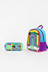 Benetton Gökkuşağı Desenli İkili Anaokul Çantası Seti(Anaokul Sırt Çantası, Çift Gözlü Kalem Kutusu)