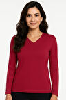 Hermevsim Kadın Bade V Yaka Dar Kalıp Koyu Kırmızı Penye Bluz