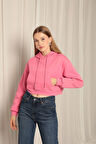 Üç İplik Kumaş Kapüşonlu Kısa Kadın Pembe Sweat