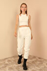 Kapitone Kumaş Paçası Lastikli Kadın Pantolon-Ekru