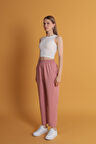 Atlas Kumaş Beli Lastikli Kadın Pantolon-Pudra