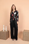 Saten Kumaş Pileli Palazzo Kadın Pantolon-Siyah