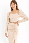 Deri Kumaş Straplez Kalp Yaka  Fermuar Detaylı Kadın Crop-Bej