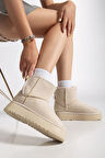 Mini Cırtcırtlı Bej Süet Yarım Bot içi Tüylü Düz Taban Kadın Ayakkabı