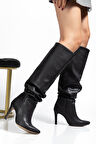  Siyah Körüklü İnce Topuklu Günlük Kadın Çizme