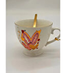 Kalp Desenli Kaşıklı Büyük Boy Kupa Bardak Özel Çanta ve Kutusunda