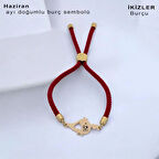 İkizler Burçlarına Örgü İpli Kuş Motifli 14 Ayar Altın Plakalı Hediye Bileklik-363burç-kırmızı