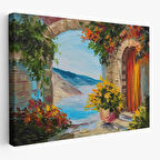 Renkli Çiçekler Arasındaki Deniz Manzaralı Ev Duvar Tablosu-3636