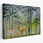 Geyik Ailesi Suluboya Görünüm Dekoratif Kanvas Duvar Tablosu-3648