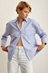 Çizgili Poplin Gömlek Mavi