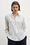 İnce Çizğili Şifon Gömlek Ekru