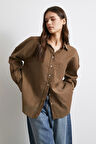 Cepli Oversize Keten Gömlek Kahve