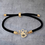 Koruyucu ve Güçlü Mevlana Figürlü Siyah Örgülü ve 14 Ayar Altın Plakalı Nazar Göz Bilekliği