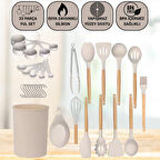 Polham Profesyonel Tam Set 33 Parça BPA İçermez Ahşap Saplı Slikon Mutfak Servis Seti, Servis ve Kevir Seti