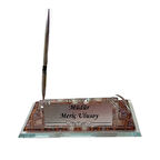 Kişiye Özel Tasarımlı Kristal Masa İsimliği - Kalemli ve Saatli 