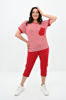 Kadın Büyük Beden Bisiklet Yaka Çizgili Cep Detaylı Kısa Kol Eşofman Takımı 8013