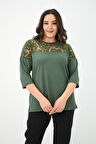Kadın Büyük Beden Kadife Tül Detaylı Bluz 1856-2