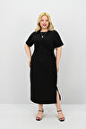 Kadın Büyük Beden Kısa Kollu Bel Bağlama Detaylı Elbise 5303-25
