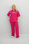 Kadın Büyük Beden Kısa Kollu Etiket Detaylı Bol Paça Eşofman Takımı 8196-25