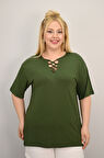 Kadın Büyük Beden Kısa Kollu Yakası Biye Detaylı Bluz 1970-25