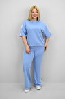 Kadın Büyük Beden Şerit ve Bel Büzgü Detaylı Kısa Kollu Eşofman Takımı 8197-25
