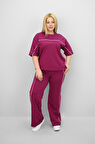 Kadın Büyük Beden Kısa Kollu Ara Biye Detaylı Bol Paça Eşofman Takımı 8189-25