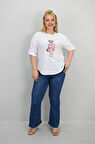 Kadın Büyük Beden Kısa Kollu Taş Detaylı Ayı Baskılı Oversize T-shirt 1926-25