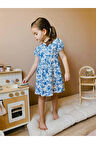 %100 Pamuklu Mavi Çiçek Desenli Kısa Kollu Keten Elbise Bayramlık