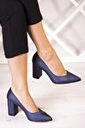 Belinda Plus Lacivert Saten Jatqılı Kalın Topuklu Abiye Ayakkabı