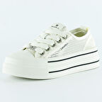 Beyaz Yüksek Taban Spor Fileli Taşlı Bağcıklı Platform Sneaker