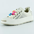 Bej Yüksek Taban Spor Fileli Harf Detaylı İncili Bağcıklı Platform Sneaker