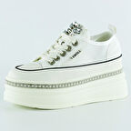 Beyaz Yüksek Taban Kristal Taşlı İnci Detaylı Bağcıklı Gelin Platform Sneaker