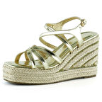 Altın Rugan Çapraz Bantlı Taşlı Zikzak Örgü Jüt Platform Topuklu Sandalet