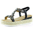 Siyah Kristal Taşlı Elastik Bantlı Zikzak Örgü Jüt Platform Topuklu Sandalet