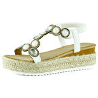 Beyaz Kristal Taşlı Elastik Bantlı Zikzak Örgü Jüt Platform Topuklu Sandalet