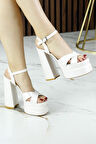 Erkan Saçmacı Whitney İnci Beyaz Önü Arkası Açık Çift Platformlu Bantlı Abiye Gelin Ayakkabısı